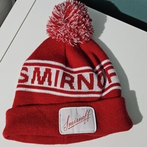 Smirnoff Vodka Beanie Hat Cap Red White Winter Toque Knit POM Top Patch Logo